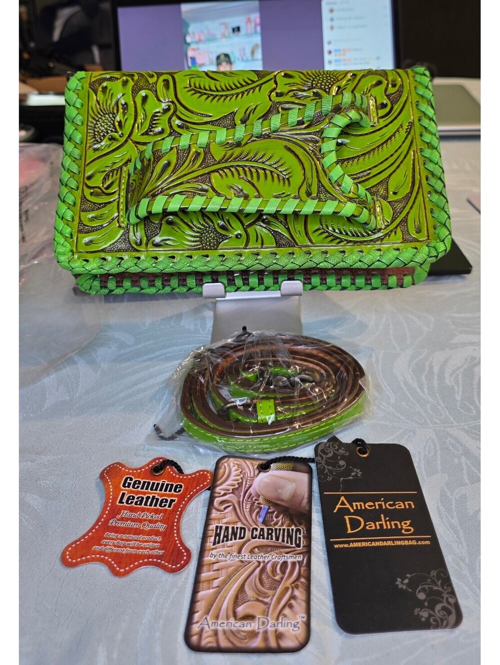 American Darling Hand Carved Genuine Leather Green Floral Cl